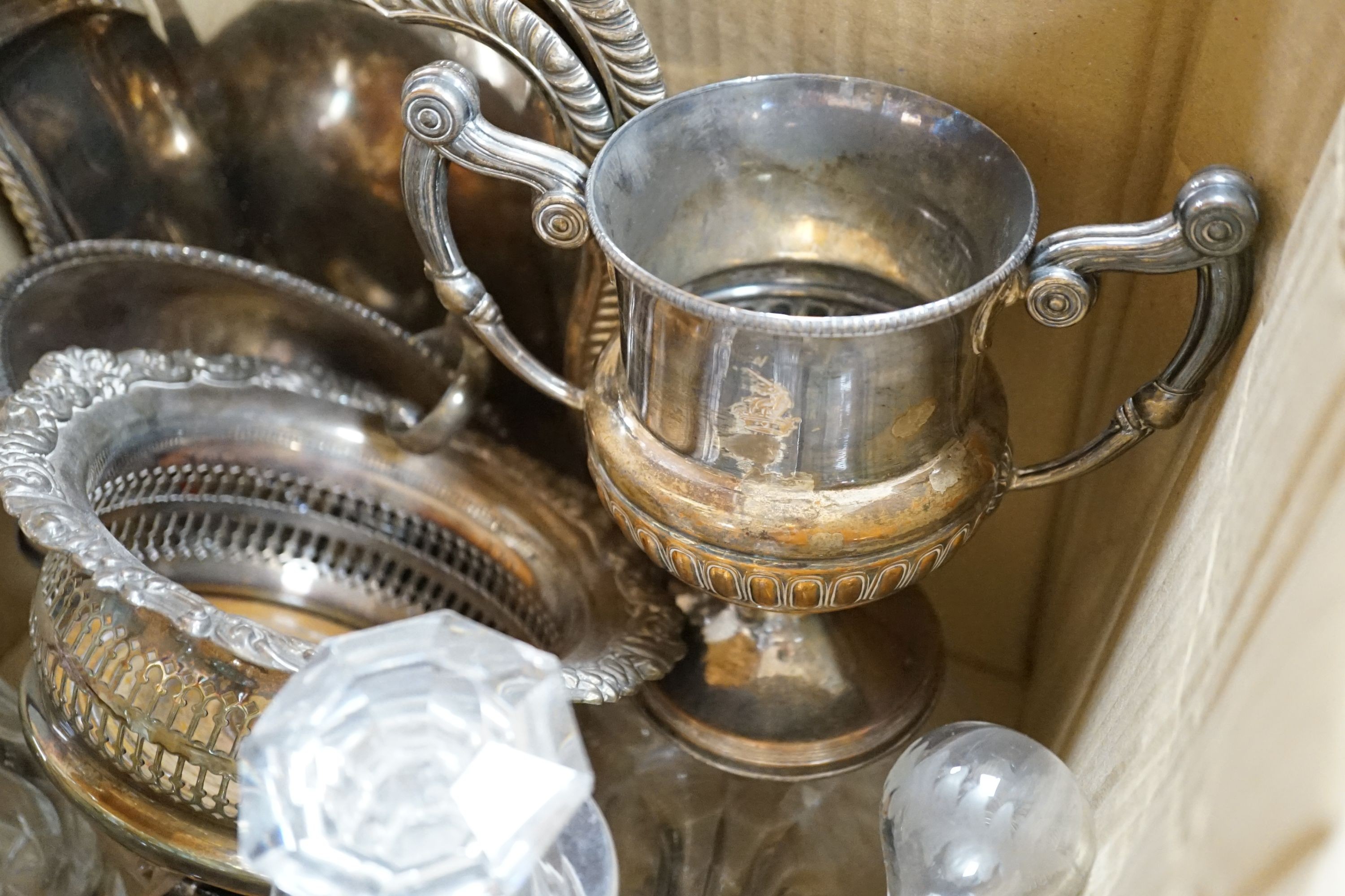 Seven Victorian and later glass decanters and a small quantity of plated ware.